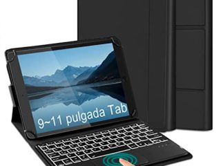 Funda de Teclado Bluetooth con Touchpad para Tabletas de 9~11 Pulgada, Teclado Español Retroiluminado de 7 Colores Extraíble con Touchpad para Android Windows iPad OS, Negro