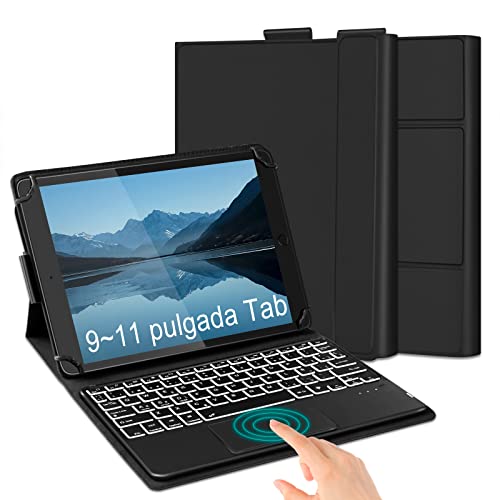 Funda de Teclado Bluetooth con Touchpad para Tabletas de 9~11 Pulgada, Teclado Español Retroiluminado de 7 Colores Extraíble con Touchpad para Android Windows iPad OS, Negro