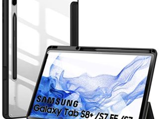 Funda para Samsung Galaxy Tab S8 Plus/S7 FE /S7 Plus 12,4 Pulgadas,Estuche liviano de Tres Pliegues con portalápices,Delgado Transparente Back PC Estuche Folio para S7 FE con Reposo/Activación,Negro