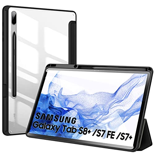 Funda para Samsung Galaxy Tab S8 Plus/S7 FE /S7 Plus 12,4 Pulgadas,Estuche liviano de Tres Pliegues con portalápices,Delgado Transparente Back PC Estuche Folio para S7 FE con Reposo/Activación,Negro