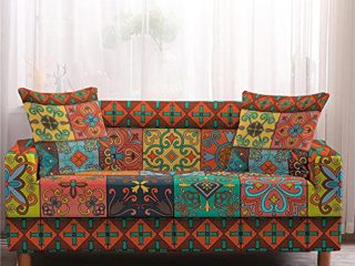 Funda Sofa Rinconera Funda De Sofá Antideslizante Antideslizante Resistente A Las Arrugas con Estampado Floral A Cuadros Marrón Retro Azteca para Perros, Perros, Mascotas, Protección contra Arañ