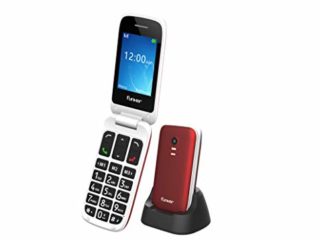 Funker E70 Easy Elite - Teléfono Móvil con Tapa, Fácil de Usar para Personas Mayores con Botón SOS y Base Cargadora, Cámara de Fotos y Agenda con Fotocontactos (Rojo)
