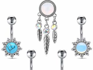 Funseedrr 5pcs Piercing Ombligo Anillo Acero Quirúrgico 14G 10mm Barras del Vientre Cuelgan Ópalo Turquesa Curvados Barbells Cuerpo Piercing Joyas Plata Oro Rosa