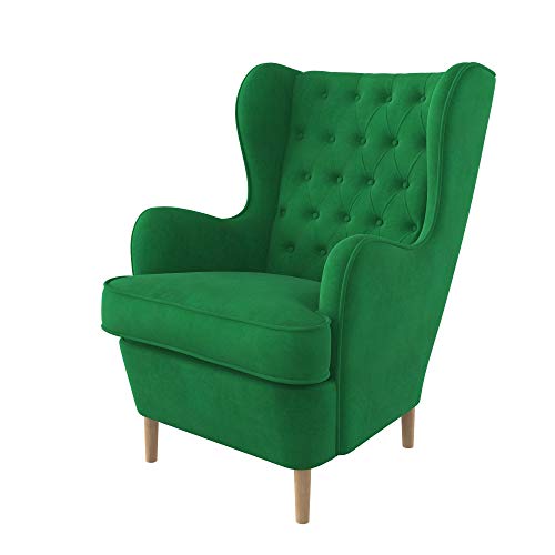Furninero - Sillón orejero, Estilo Chesterfield, capitoné con diseño de Diamante de Botones Profundos, Patas Redondeadas de Roble, Majestic Velvet Green Tela (Resistente a Las Manchas), Verde