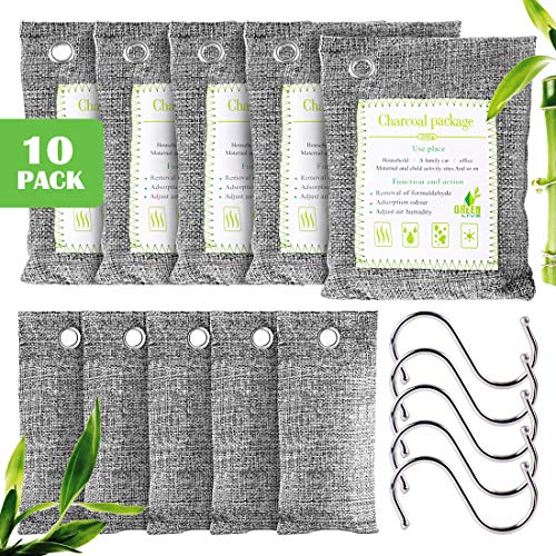 Furuix, 10 bolsas purificadoras de aire de carbón de bambú, bolsas de carbón activado, ambientador de zapatos, eliminadores de olores domésticos (mascotas), (5 x200g, 5 x75g, 5 ganchos）