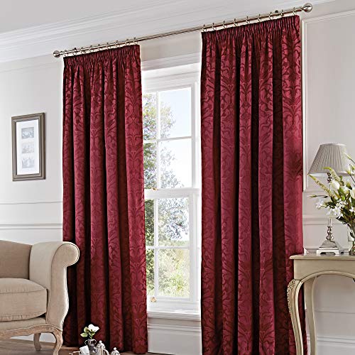 Fusion - Cortinas con Pliegues de Tela Jacquard y algodón, Modelo Eastbourne Damask, Granate, 46x54 (117 x 137 cm)