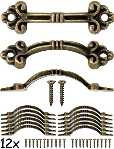 FUXXER® - 12 mini tiradores de muebles antiguos, para cajas, cajones pequeños, baúles, diseño vintage de bronce antiguo, 4,8 x 1,4 cm, juego de 12 unidades, incluye tornillos.