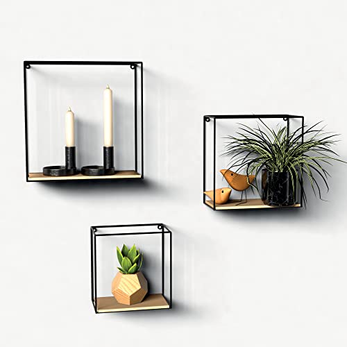 Gadgy Estantería Pared Madera | Juego De 3 Piezas | Baldas Pared | Estantes Flotantes | Estanterias Metalica Negra | Accesorios para Habitacion, Dormitorio O La Cocina
