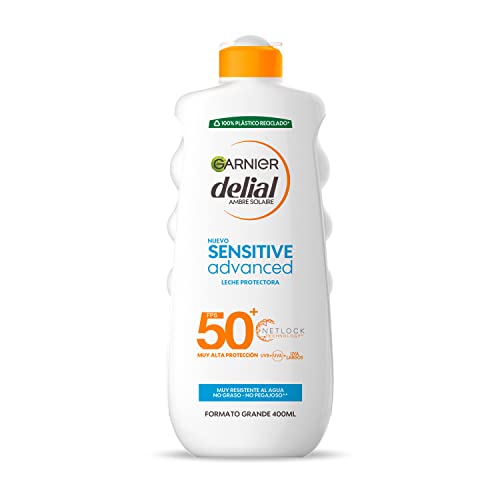 Garnier Delial Sensitive Advanced - Leche Solar para Pieles Claras, Sensibles e Intolerantes al Sol, Alta Protección IP50+ - 400 ml