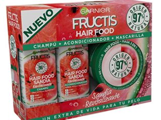 Garnier Fructis Hair Food, Pack Sandía Revitalizante con Champú, Acondicionador y Mascarilla, Limpia, Desenreda, Nutre y Revitaliza, Para Cabello Seco o Apagado, Fórmula Vegana, Sin Siliconas