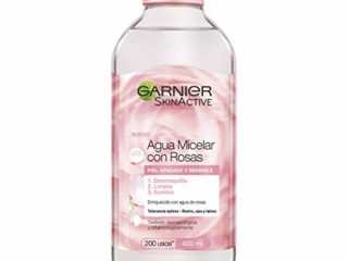 GARNIER Skin Active Agua Micelar con Agua de Rosas para Piel Apagada y Sensible, Desmaquilla, Limpia e Ilumina en un solo gesto, Apto para Rostro, Labios y Ojos, 400Mililitros