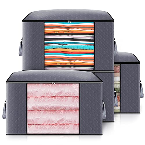 GARPROVM 4pcs Bolsa de Almacenamiento de Ropa de Grande Capacidad, Caja Almacenaje Ropa con Asa Reforzada y Cremallera Robusta para Edredones, Mantas, Bolsas de Transpirable (Gris, 60x43x35cm)