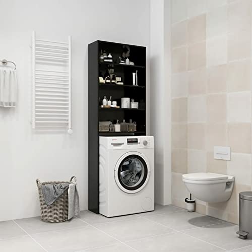 Gecheer Armario de Lavadora Armario Alto Almacenamiento Lavandería Columna Auxiliar Mueble Lavadora Secadora con 4 Compartimentos Negro 64x24x190 cm