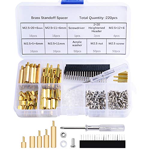 GeeekPi 220PCS M2.5 Separadores de latón Separadores Columna hexagonal Tornillo macho-hembra Tuerca surtido con estuche de almacenamiento para Raspberry Pi, con destornillador de acrílico