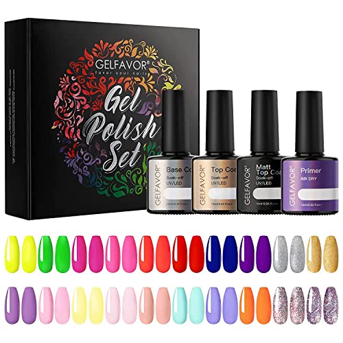 GELFAVOR 24 pcs Esmalte en Gel Semipermanente 7ml 20 Colores Pastel Rojo Brillante Rosa Púrpura Plata Brillo con Capa Base Superior Brillante y Mate UV LED Pintauñas Para Uñas Set de Manicura Regalo