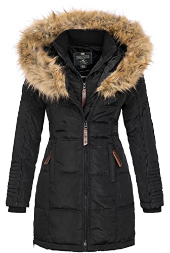 Geographical Norway BEAUTIFUL LADY - Parka cálida mujer - Abrigo grueso con capucha de piel falsa - Chaqueta de invierno - Chaqueta larga con forro cálido - Regalo para mujer Moda casual (Negro S)
