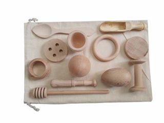 GERILEO Cesto de los Tesoros Montessori - Juego Heurístico - Juego de Accesorios pequeños de Cocina con Bolsa de Tela (Bolsa Blanca + 12 Piezas)