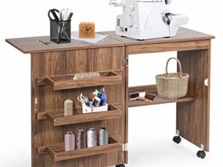 GIANTEX Armario de Costura Plegable con 5 Ruedas y 3 Estantes, con Tabique, para Dormitorio, Salón y Estudio (Marrón)
