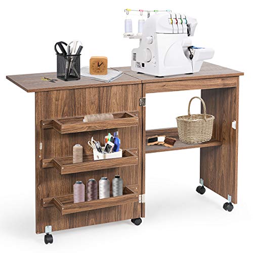 GIANTEX Armario de Costura Plegable con 5 Ruedas y 3 Estantes, con Tabique, para Dormitorio, Salón y Estudio (Marrón)