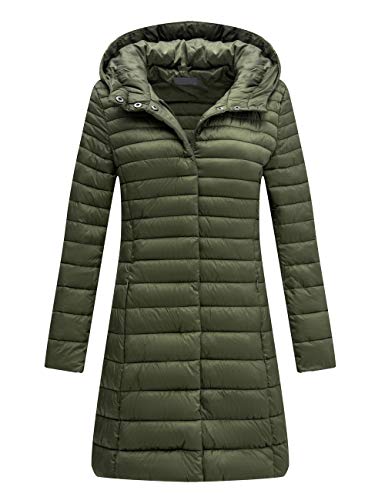 Giolshon Chaqueta Acolchada Ligera para Mujer con Capucha, Largo Abrigo de Relleno de Algodón Cálido de Invierno Slim Fit 320 Verde XS