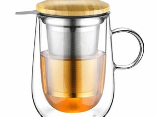 Glastal 430ml Taza de Te con Filtro y Tapa, Tazas de Te Grande de Cristal de Doble Pared con Filtro de 18/10 Inox y Tapa de Bambú, Taza con Filtro para Te Negro Te Verde Té de Frutas