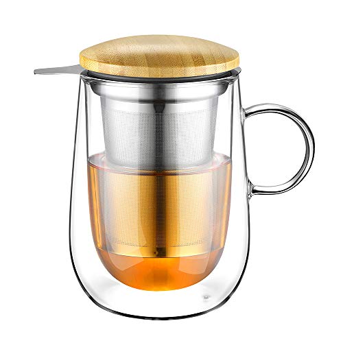 Glastal 430ml Taza de Te con Filtro y Tapa, Tazas de Te Grande de Cristal de Doble Pared con Filtro de 18/10 Inox y Tapa de Bambú, Taza con Filtro para Te Negro Te Verde Té de Frutas