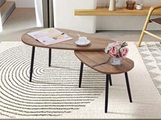 GOLDFAN Modern 2er Set Redonda Mesa de Centro de Sofá de Madera Patas de Metal Adecuada para Sala de Estar Salón Oficina Marrón