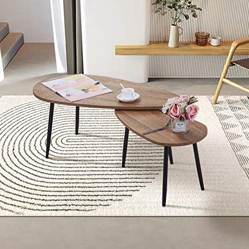 GOLDFAN Modern 2er Set Redonda Mesa de Centro de Sofá de Madera Patas de Metal Adecuada para Sala de Estar Salón Oficina Marrón