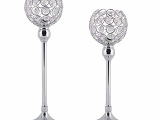 GoMaihe Candelabro de Cristal Conjunto de 2, 32 / 37cm Candelabro Bar Vela Candelabro Decorativo de Metal Alto para Velas Cilíndricas, Candelabro Vintage Decoración Boda Cumpleaños de Navidad, Plata