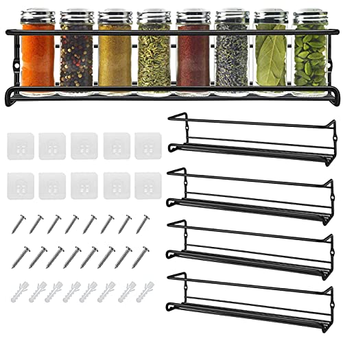 GoMaihe Especiero Cocina Pared, Set 4 Estante Cocina de Metal Organizador Especias Adhesivo Sin Agujeros por Armario Despensero, Puerta de Armario, Decoración de Pared Salon 29 x 6x 6.5cm Negro