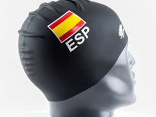 Gorro Natacion Hombre Mujer Piscina – Hecho en Silicona para Adultos Niño Niña – Bandera de España – Unisex Tacto Suave y Resistente – Talla Unica Impermeable (Negro)