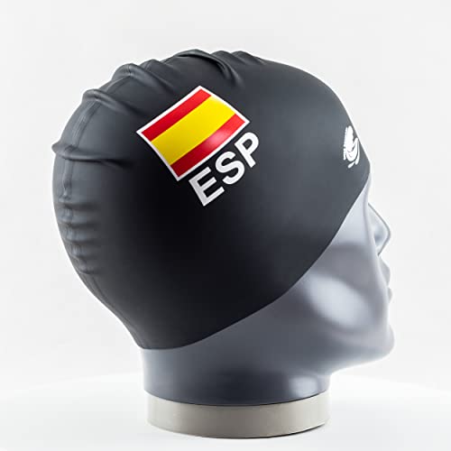 Gorro Natacion Hombre Mujer Piscina – Hecho en Silicona para Adultos Niño Niña – Bandera de España – Unisex Tacto Suave y Resistente – Talla Unica Impermeable (Negro)