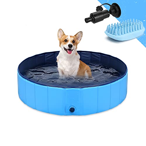 GoStock Piscina para Perros Plegable Mascota Piscina portátil Bañera para niños Gran Mascota Perro Gato PVC Antideslizante para Interiores/ Exteriores (Cepillo de baño Adicional para Mascotas) 32"x8"
