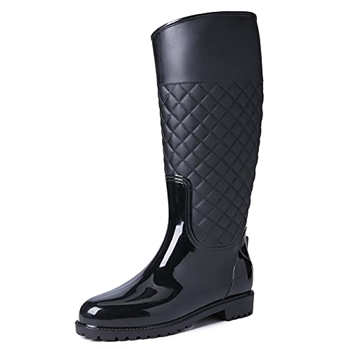gracosy Botas Agua Mujer Lluvia Botas Alta Goma Impermeable Jardín Trabajo Wellington Botas Zapatos otoño Invierno al Aire Libre Mujer Nieve Botas Elegante Costura Negro