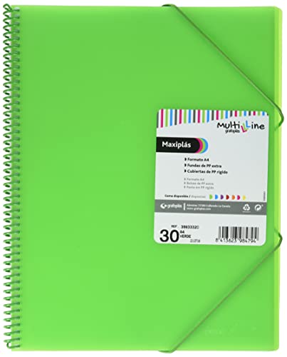 Grafoplás 39833320. Carpeta Fundas A4 de Espiral, Color Verde y 30 Fundas Transparentes, Multiline