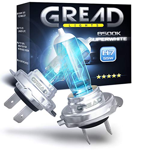 Gread - 2x Lámparas halógenas H7, faros, bombillas, luces automóviles - Extra blancas - 8500k 55W Certificación ECE - Óptica xenón