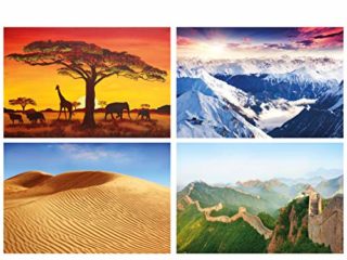 GREAT ART® juego de 4 motivos de carteles | Din A2 - 42 x 59,4 | Montañas arena y estepa | Alpes Panorama África Dunas Gran Muralla China | Cuadros para niños decoración póster