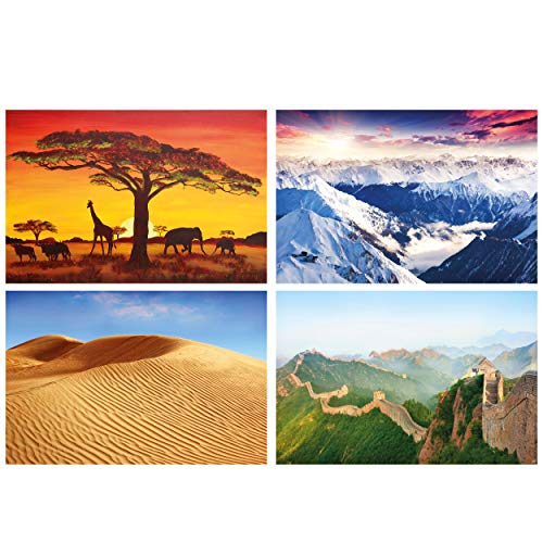 GREAT ART® juego de 4 motivos de carteles | Din A2 - 42 x 59,4 | Montañas arena y estepa | Alpes Panorama África Dunas Gran Muralla China | Cuadros para niños decoración póster
