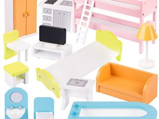 Green series Kinderplay Kit de Muebles Casa de Muñecas Madera - Kit de Accesorios Casa de Muñecas 16 Elementos, Incluye Litera, Lámpara, Armario, Bañera, Sofá, Modelo GS1251