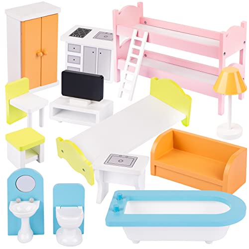 Green series Kinderplay Kit de Muebles Casa de Muñecas Madera - Kit de Accesorios Casa de Muñecas 16 Elementos, Incluye Litera, Lámpara, Armario, Bañera, Sofá, Modelo GS1251