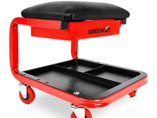 GREENCUT MSD90 - Silla-Taburete móvil para taller mecánico con cajón y soporte de herramientas, carga máx. 150 kg, asiento acholchado, color rojo-negro