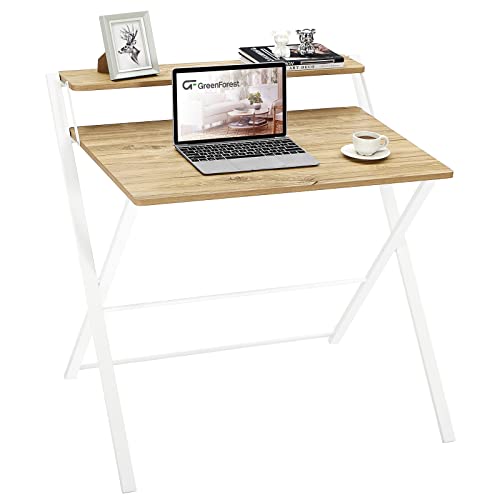 GreenForest - Escritorio Plegable para Computadora, 2 Niveles con Estante, Mesa para Computadora Portátil, sin Necesidad de Ensamblaje (Beige)