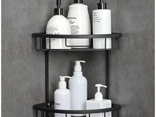 Gricol Estante para Esquinas de Ducha Sin Taladrar de Aluminio Aeronáutico Estanteria para Ducha Antioxidante Autoadhesivo con Ganchos para Artículos de Baño 2 Niveles (Negro)