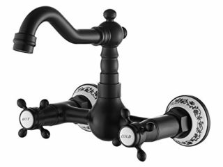 Grifo Cocina Pared Grifo Lavabo Vintage Monomando con Cerámica en Latón con Agua Fría y Caliente Mezclador de Fregadero Antiguo (Negro)