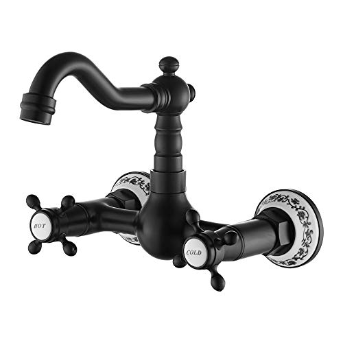 Grifo Cocina Pared Grifo Lavabo Vintage Monomando con Cerámica en Latón con Agua Fría y Caliente Mezclador de Fregadero Antiguo (Negro)