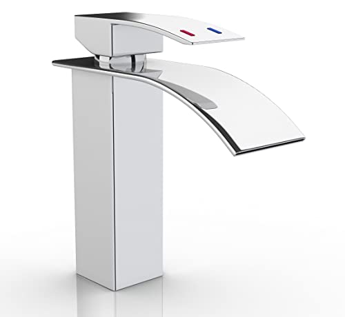 Grifo de Lavabo Cascada grande, Grifo Cascada Monomando Mayor altura, Agua Fria y Caliente Disponible, Grifo Baño de Latón con Estilo de Moderno