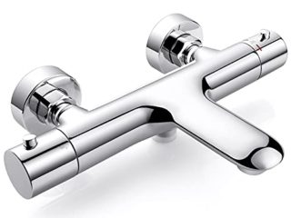 Grifo Termostático para Bañera y Ducha de Latón, Grifo Termostático Ducha con dos salidas de agua, Grifo de Bañera Termostático con Botón de Seguridad de 38°, Cromo