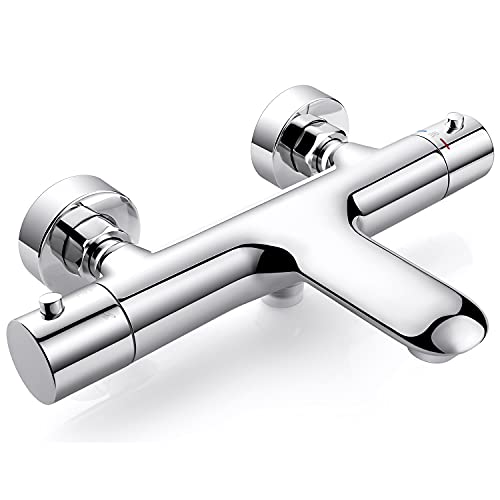 Grifo Termostático para Bañera y Ducha de Latón, Grifo Termostático Ducha con dos salidas de agua, Grifo de Bañera Termostático con Botón de Seguridad de 38°, Cromo