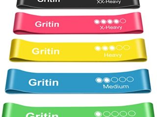 Gritin Bandas Elásticas Fitness/Bandas de Resistencia, Set de 5 Cintas Elásticas Fitness y Musculación de Látex Agradable a la Piel con Guía de Ejercicios de Español y Bolsa Almacenamiento
