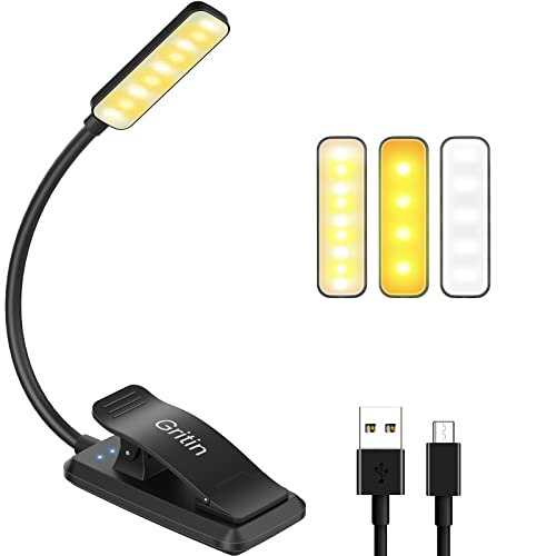 Gritin Luz de Lectura, Lampara Libro de Lectura Recargable de 360° Flexible con 9 LED 3 Modos Lampara Pinza Brillo Ajustable Atenuación Continua para Estudio, Cama, Libro, Viaje